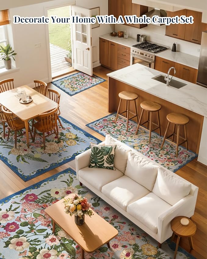 Area Rug for Living Room - 8x10 Washable Floral Rugs Non-Slip Soft Low Pile Bedroom Rug Under Bed Stain Resistant Accent Indoor Floor Carpet for Dining Room Playroom Home Office Decor, Blue