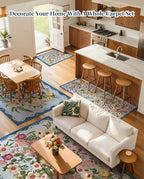 Floral Rug for Living Room - 4x6 Washable Area Rugs Non-Slip Soft Low-Pile Stain Resistant Carpet Unique Flower Print Vintage Indoor Rug for Bedroom Dining Room Office Nursery Room, Blue
