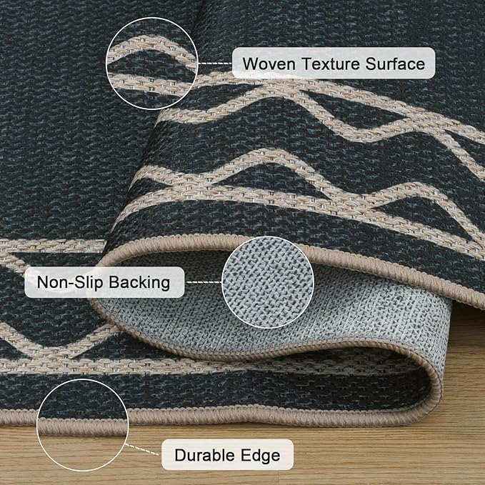 OJIA Easy Jute Washable Rugs 8x10, Large Outdoor Patio Rug Washable Living Room Rug Farmhouse Indoor Outdoor Carpet Wavy Border Modern Non-Slip Black Rugs for Bedroom Backyard Deck Decor