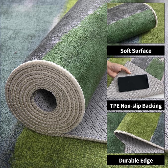 Ciicool Abstract Area Rug Indoor, 3x5 Washable Entryway Rug, Modern Soft Throw Entry Rug with Non-Slip Backing for Bedroom Living Room Entrance Kitchen, Low-Pile Floor Carpet Doormat Green