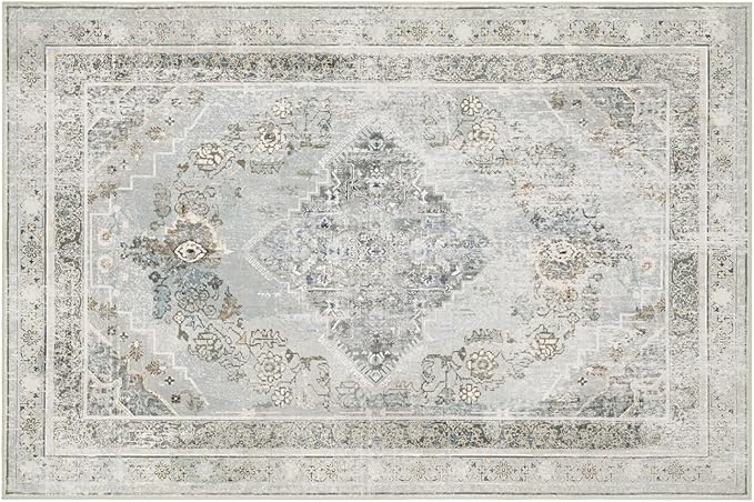 Phantoscope Washable Area Rug 6'x9' Non-Slip, Vintage Neutral Rugs for Living Room, Bedroom, Dining Room, Distressed Boho Medallion Pattern, Low-Pile Foldable Floor Carpet, Silver Grey/Taupe