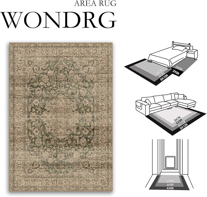 9x12 Vintage Area Rug Green Brown Living Room Bedroom Washable Carpet Non-Slip Soft Low Pile Distressed Indoor Large Throw Rug for Dining Room Office