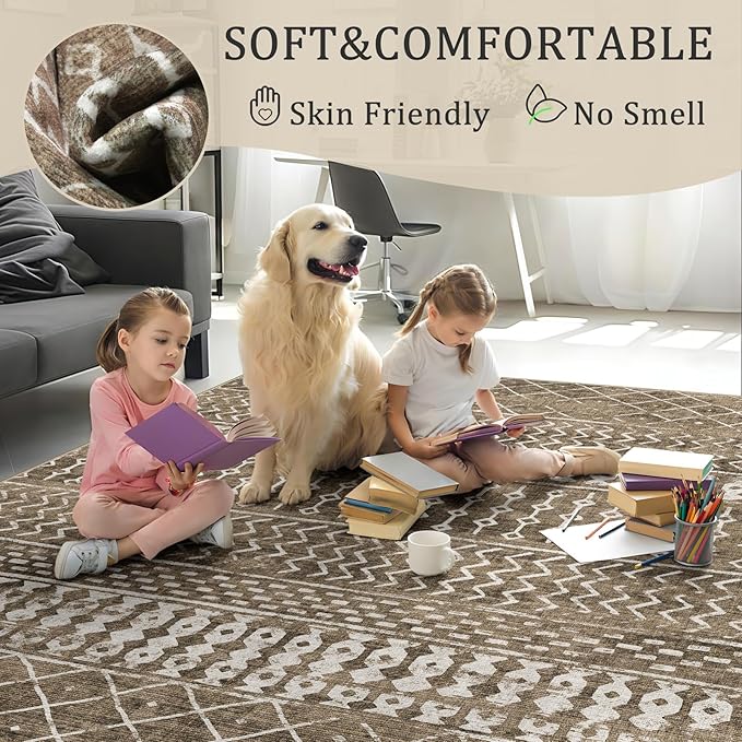 4x6 Machine Washable Area Rug for Living Room, Brown Vintage Moroccan Rug Large Non-Slip Low Pile Soft Faux Wool Carpet, Kids and Pets Friendly for Bedroom Dining Room Farmhouse Home Decor Rug