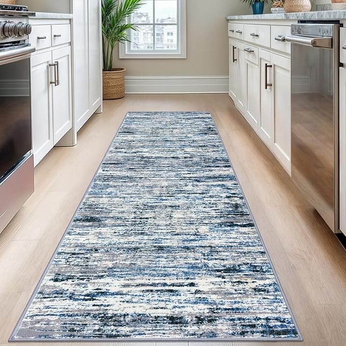 Modern Abstract Runner Rug 2.6x8, Grey Blue White Washable Kitchen Runner Non-Slip Soft Hallway Rug Runner Thin Print Faux Wool Carpet for Entryway Bedroom Laundry Room Indoor Home Decor