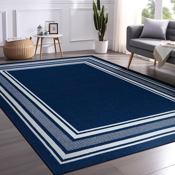 Beverly Rug Non Slip Area Rugs 8x10 Modern Bordered Non Skid Rubber Backing Soft Area Rug for Living Dining Room Easy to Clean Non Shedding Kitchen Bedroom Indoor Carpet 8 x 10 Navy
