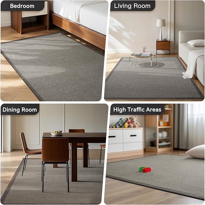 Washable Area Rug 6x9 Large Jute Like Rug for Living Room, Soft Non Slip Rugs Carpet for Dining Room Bedroom Cotton Boho Woven Braided Rugs Home Office Decor, Grey