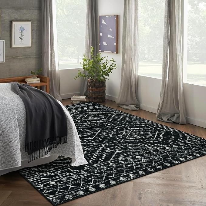 Wonnitar Moroccan 6x9 Area Rugs, Washable Black Rugs for Living Room, Large Soft Bedroom Throw Rug, Non-Slip Stain Resistant Thin Boho Floor Carpet for Dining Room Home Office Decor (Black,6'x9')
