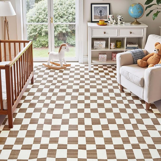 jinchan 6x9 Brown Checkered Area Rugs for Kids Room - Machine Washable Rug Modern Neutral Geometric Lattice Soft Non-Slip Carpet for Nursery Playroom Classroom Living Room Bedroom Home Office
