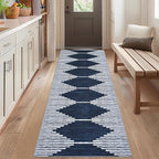 HelloTree Hallway Runner Rug，2.6x8 Moroccan Modern Stripe Carpet Washable Machine Bathroom Runner Bohemian Design Modern Soft Non Slip Indoor Rug for Entryway Hallway Laundry Room Bedroom-Blue