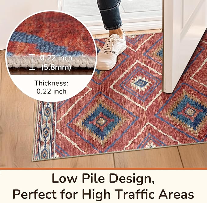 Area Rug 5x7 Rug Machine Washable Non-Slip Low Pile Print Pattern Western Rug for Living Room Bedroom Entryway Tribal Series -Red/Orange