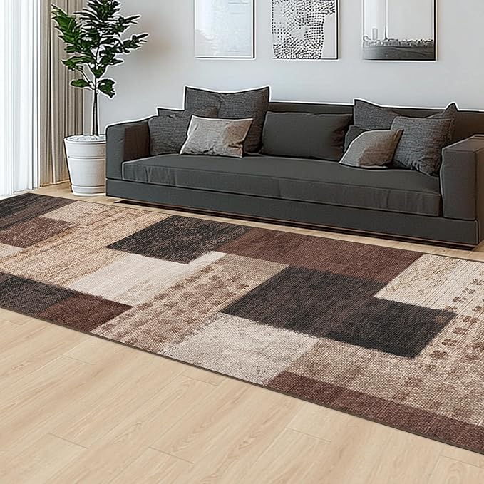 Modern Geometric Patchwork Indoor Runner Rug for Living Room, Chocolate 2.7'x 8' Rug Rockwood Collection Hardwood Floors Decor for Bedroom, Brown Throw Carpet for Office Entryway Dining Room