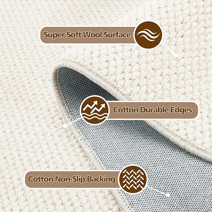 ANSSO Wool Area Rugs 9x12 Living Room,80% Merino Wool and 20% Cotton Soft Tufted Area Rug with Cotton Non-Slip Backing,Large Area Rug for Bedroom Bedroom, Dining and Home Office (Cream White)