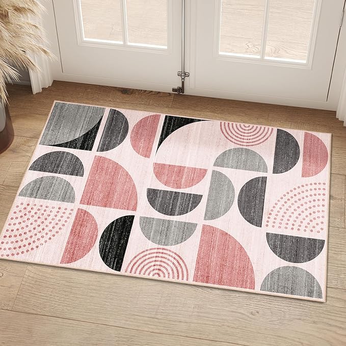 MUJOO Small Rug Washable,Boho 2x3 Area Rugs for Entryway Bathroom Entry Entrance Bedroom Kitchen,Front Door Mat Throw Carpet Non Slip Indoor Soft Modern Abstract Pink and Grey
