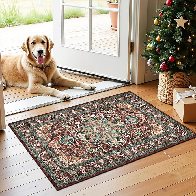 U'Artlines 2x3 Washable Boho Area Rug, Small Non Slip Vintage Doormat for Indoor Front Door Ultra Thin Mat Carpet for Entryway Kitchen Bathroom Bedroom Rust＆Teal