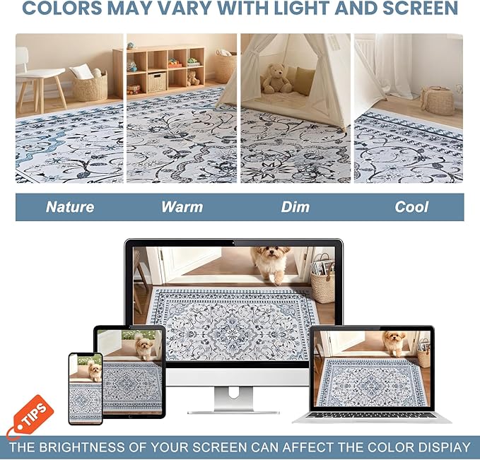 Luxury 5' x 7' Blue Washable Area Rugs, Boho Low Pile Easy Clean Non-Slip Rug, Floral Medallion Pattern Vintage Rugs for Living Room, Dinning Room, Office, Bedroom, Bathroom, Laundry Room, Farmhouse