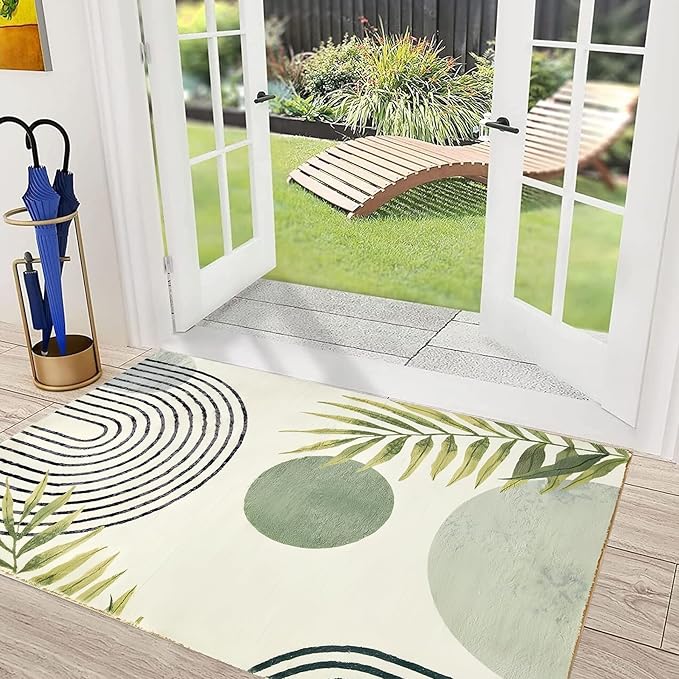 Modern Green Rug 2x3 Bathroom Non-Slip Washable Mat Abstract Aesthetic Rug Modern with Tropical Leaves Carpet Suitable for Bathroom Entrance Bedroom Indoor Entrance Door Mat