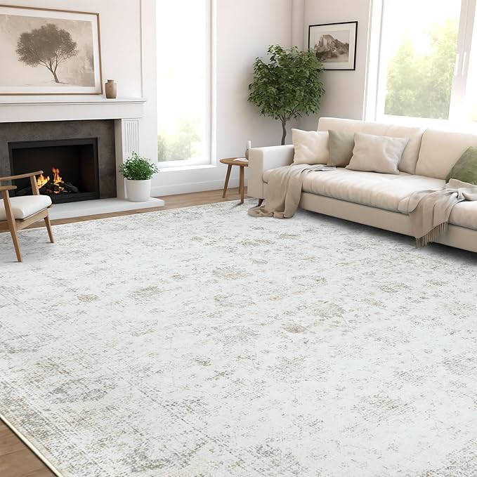 Washable 8×10 Area Rugs for Living Room, Vintage Floral Rug Soft Non Slip Stain Resistant Boho Carpet for Bedroom Dinning Room Kitchen Home Office 02 Beige