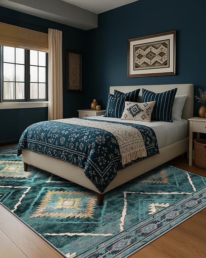 Area Rug 9x12 Rug Machine Washable Non-Slip Low Pile Print Pattern Western Rug for Living Room Bedroom Entryway Tribal Series -Teal/Green
