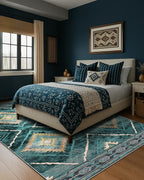Area Rug 4x6 Rug Machine Washable Non-Slip Low Pile Print Pattern Western Rug for Living Room Bedroom Entryway Tribal Series -Teal/Green