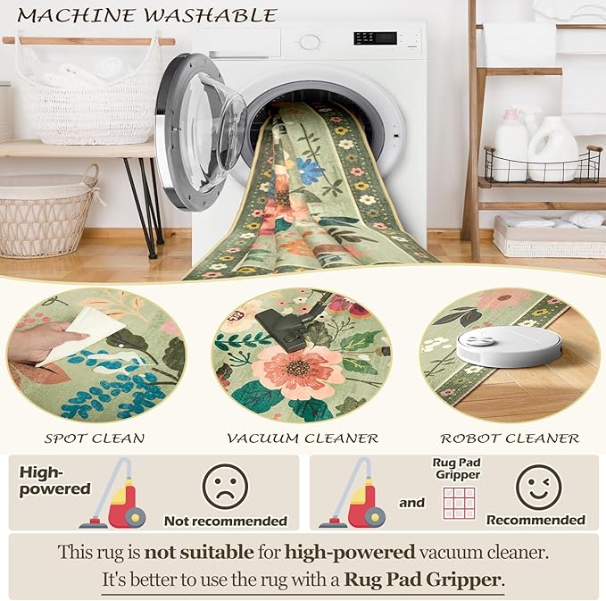 Floral 2x3 Area Rug Machine Washable Soft Print Boho Carpet Non Slip Doormat Low Pile Flower Area Rugs for Living Room Bedroom Nursery Kitchen Dining Room Indoor-Light Green