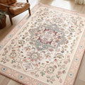 Phantoscope Washable Area Rug 6'x9' Non-Slip, Vintage Boho Rugs for Living Room, Bedroom, Dining Room, Persian Floral Medallion Pattern, Low-Pile Foldable Floor Carpet, Ivory Rose/Fall Bloom