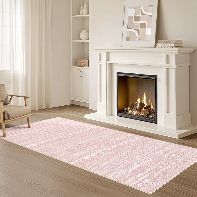 Nakagishi Runner Rug Kitchen Washable Rugs: 3x8 Non-Slip Boho Soft Modern Stain Resistant Indoor Floor Neutral Farmhouse Throw Carpet for Hallway Bathroom Laundry Room Entryway Bedroom- Pink