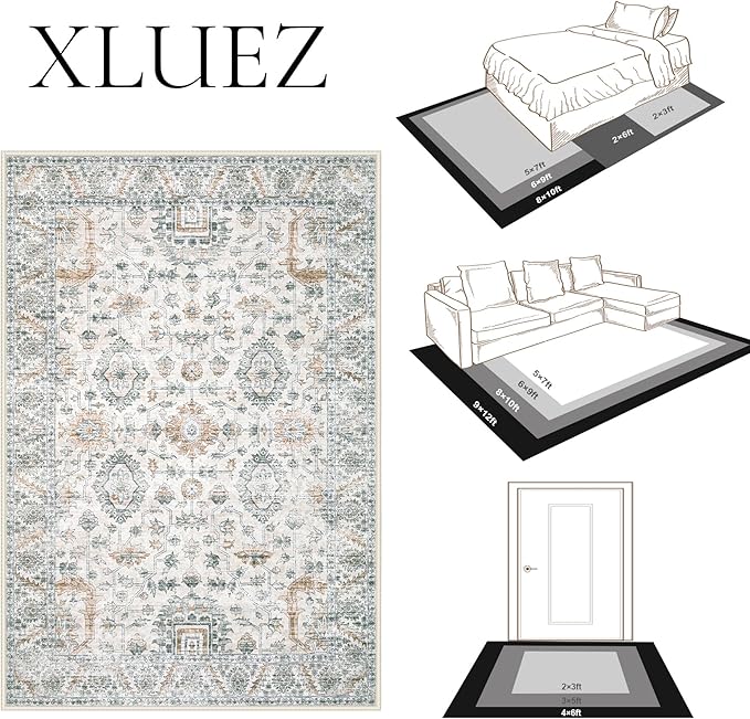 Area Rug 9x12 Living Room Rug, Machine Washable Vintage Distressed Boho Area Rug Non-Slip Soft Low Pile Large Indoor Rugs for Bedroom Kitchen Dining Room Office(Brown Green,9'x12')