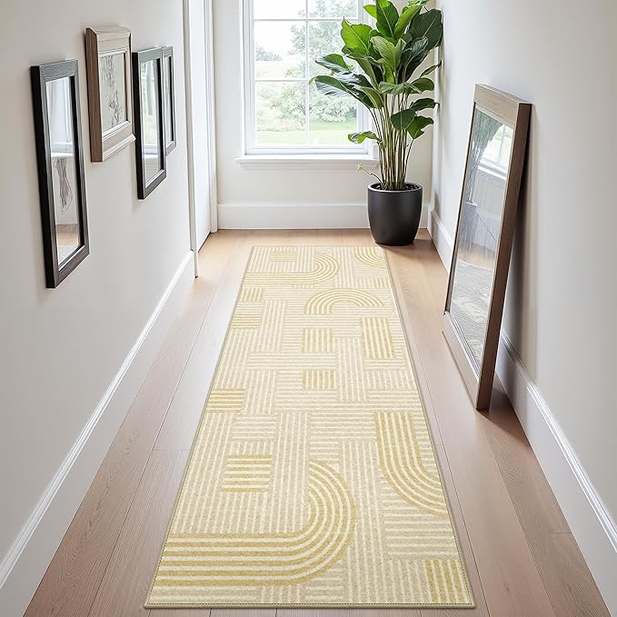 Bavni Washable Runner Rug, Soft Modern Printed Rug Runner, Abstract 2x5 Runners for Hallways, Kitchen, Laundry, Abstract Yellow Beige