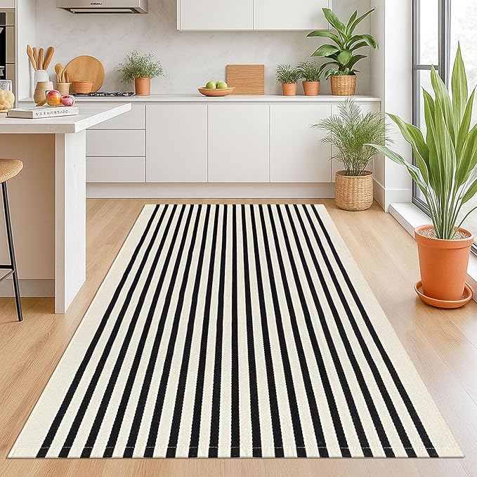 KOZYFLY Black and Beige Striped Rug 4x6 Ft Area Rug Washable Indoor Outdoor Rug Cotton Door Mat for Double Front Door Entryway Patio Porch Living Room Carpet