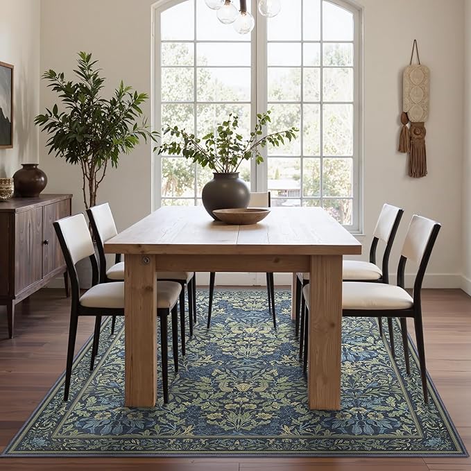 Bavni Floral Dark Blue Area Rugs 5x7, Vintage Boho Carpet Machine Washable, Non Slip Soft Low Pile Thin Rug for Bedroom, Living Room, Dining Room, Nursery