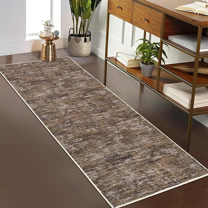 RUGSREAL Hallway Runner Rug 2.5x10 Long Kitchen Runner Rug with Rubber Backing Low Pile Stain Resistant Entryway Carpet Washable Modern Solid Color Runner for Living Room Bedroom, Brown