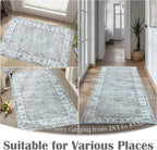 jinchan Fiora Hallway Runner Rug 3x8 Washable Runner - Vintage Floral Non Slip Low-Pile Soft Thin Faux Wool Kitchen Rug Distressed Carpet for Farmhouse Bedroom Laundry Room(3x8ft, Grey)