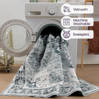 DEXI 8x10 Area Rug for Living Room, Washable Vintage Farmhouse Thin Rug Indoor Floor, Non Slip Stain Resistant Low Pile Carpet for Dining Room Bedroom Office, Blue Grey
