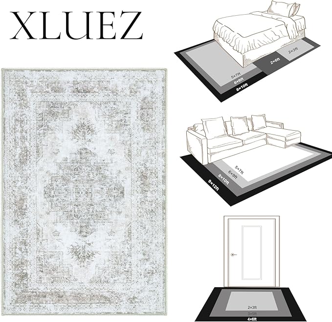 Area Rug 4x6 Vintage Rug, Machine Washable Vintage Distressed Medallion Rug Non-Slip Soft Low Pile Large Indoor Rugs for Bedroom Kitchen Dining Room Office(Taupe,4'x6')