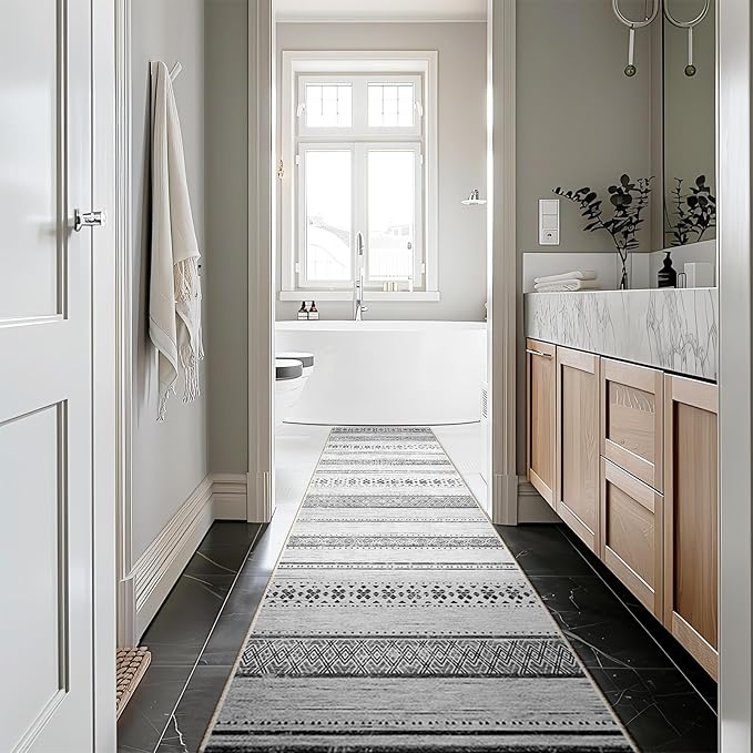 BESTSWEETIE 2x10 Area Rugs for Living Room Washable Moroccan Farmhouse Neutral Geometric Low Pile Non-Slip Soft Print Pattern Rug for Bedroom Kitchen Dining Room Entryway Grey/Black/Navy