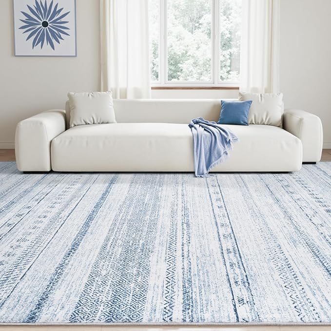 9x12 Area Rugs for Living Room Machine Washable Rug Distressed Indoor Carpet Neutral Moroccan Boho Rug Ultra Soft Area Rug for Bedroom Dining Room Playroom Office, Blue