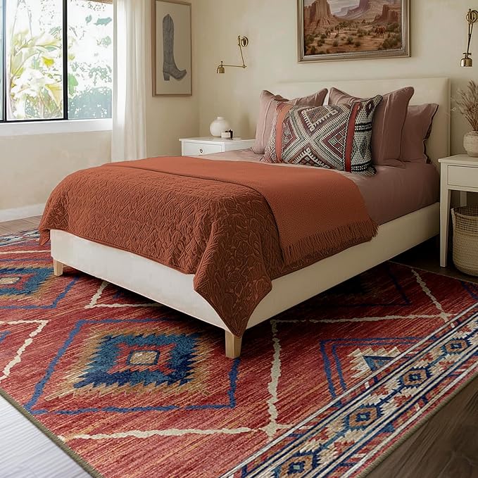 Area Rug 8x10 Rug Machine Washable Non-Slip Low Pile Print Pattern Western Rug for Living Room Bedroom Entryway Tribal Series -Red/Orange