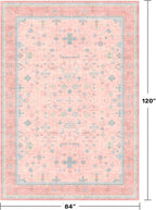 Washable Pink and Blue 7x10 Oushak Rugs for Bedroom Girls Dorm Living Room, Modern Floral Aethestic Distressed Design, Soft Low Pile Non Slip Stain Resistance Carpet