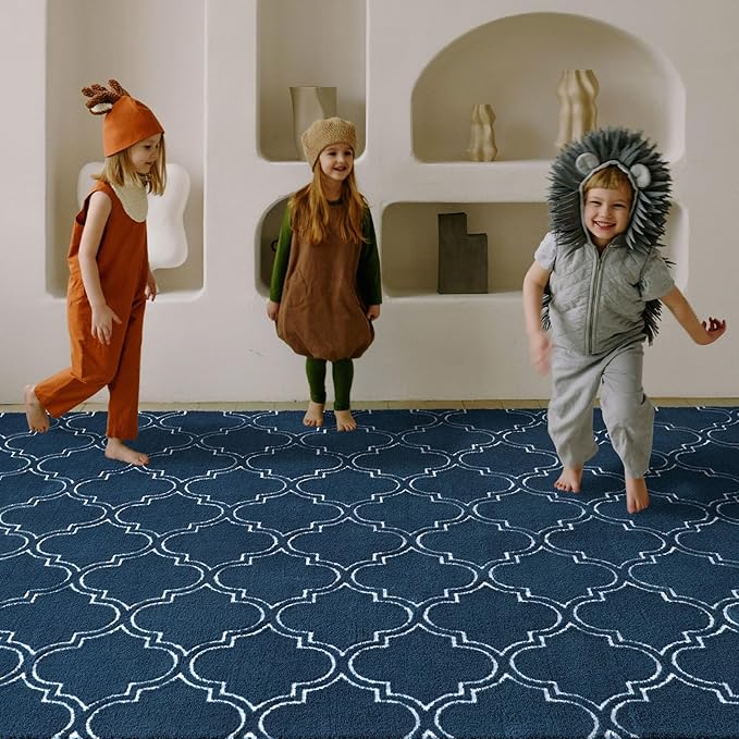 Amearea Fluffy Indoor Area Rug, Soft Trellis Moroccan Rugs for Bedroom, Shag Modern Area Rug for Living Room Kids Room Nursery, Easy Clean, Home Decor Low Pile Carpet, Teal Blue 5x7 Feet