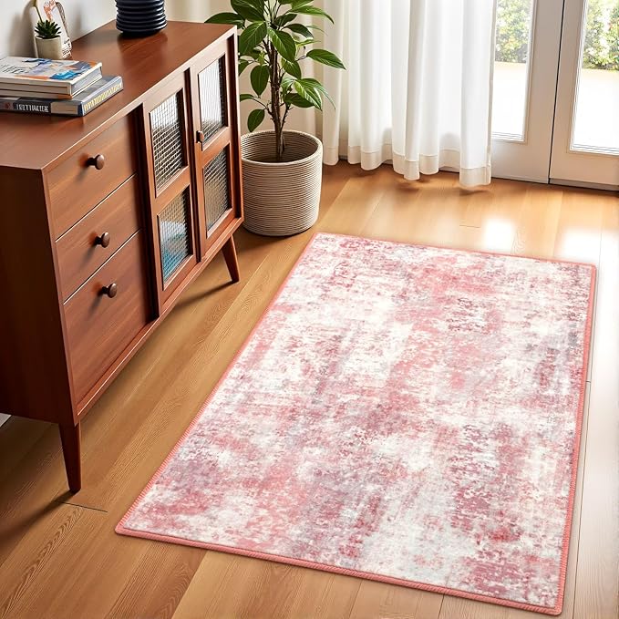 Washable Abstract Rug, 2x3 Small Modern Area Rugs with Non-Slip Rubber Backed for Kitchen, Thin but Soft Throw Carpet Bedroom Entryway Front Door Decor, Pink