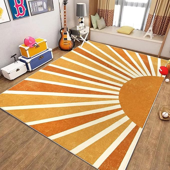 Rainbow Sun Area Rug,4x6ft,Boho Kids Room Area Rug, Living Room Decorative Rainbow Rug for Kids Girls Boys Bedroom, Living Room, Classroom, Office Non-Slip Washable