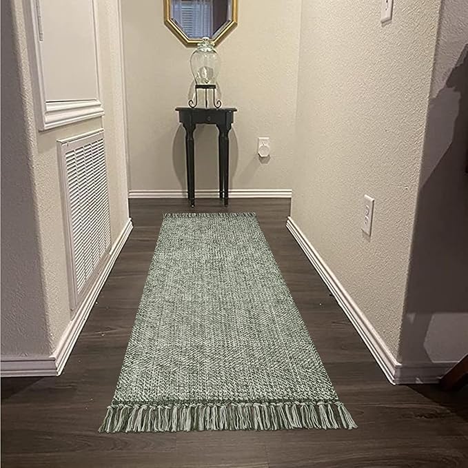 Collive Hallway Runner Rug, 2' x 6' Hand-Woven Reversible Washable Entryway Rug, Olive Green/Cream Cotton Modern Farmhouse Laundry Room Rug Long Carpet for Bathroom Sink Foyer Bedroom
