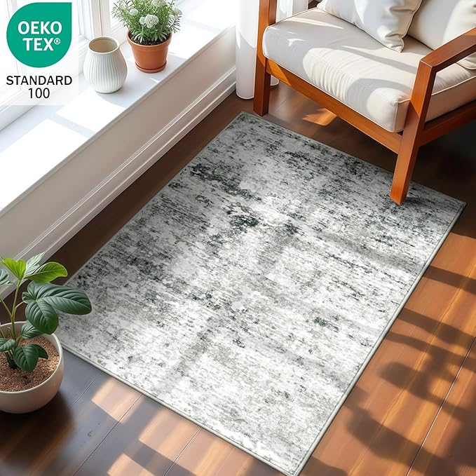 2x3 Machine Washable Area Rug for Entryway, Grey Modern Vintage Abstract Rug Non-Slip Low Pile Soft Faux Wool Small Carpet, Kids and Pets Friendly for Bedroom Kitchen Hallway Home Decor Rug