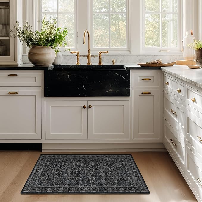 Charcoal Black Entryway Rug Indoor, 2x3 Small Door Rugs for Entry Way/Kitchen/Bathroom, Washable Non Slip Low Pile Thin Door Mat Indoor Entrance, Vintage Retro Dark Rug with Decorative Fringe