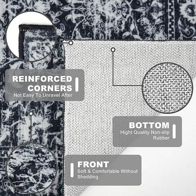 KILOCOCO Hallway Runner 2x7 Rug Runner Printed Vintage Floral Washable Kitchen Runners Non-slip Rubber Backed Runners for Hallways Distressed Thin Soft Rugs for Entryway Laundry Room, Black/Navy/White