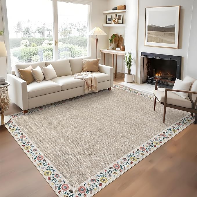 GarveeHome 4x6 Area Rugs for Bedroom Living Room Machine Washable Rugs Floral Bordered Small Carpet Non-Slip Stain Resistant Accent Carpet for Dining Room Table Apartment Office, Light Camel
