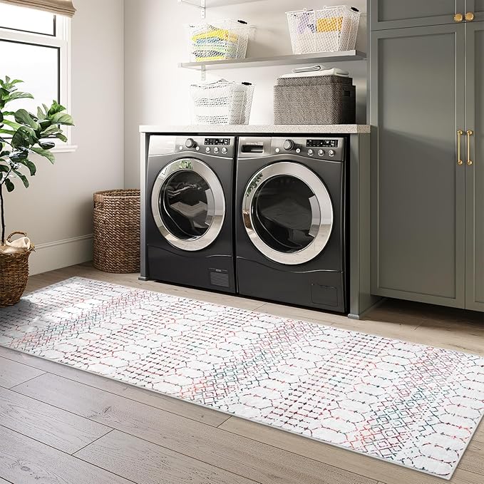 Lahome Moroccan Washable Runner Rug 2x6 Non-Slip Anti-Fatigue Kitchen Rugs and Runners Throw Soft Long Bathroom Runner, Geometric Print Distressed Floor Runners for Entryway Laundry Room Foyer