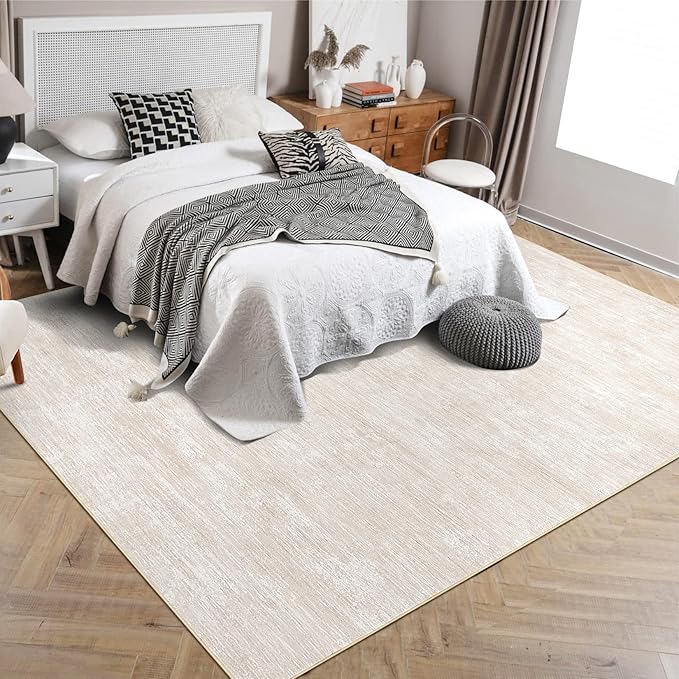 RUGSREAL 6x9 Large Bedroom Area Rug Washable Rug Soft Modern Area Rug for Living Room Non-Slip Stain Resistant Abstract Throw Floor Carpet Contemporary Rug Solid Rug for Dining Room Office, Beige