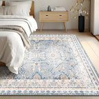 Phantoscope Washable Area Rug 9'x12' Non-Slip, Vintage Neutral Rugs for Living Room, Bedroom, Dining Room, Distressed Boho Geometric Medallion Pattern, Low-Pile Foldable Floor Carpet, Dusty Blue/Multi