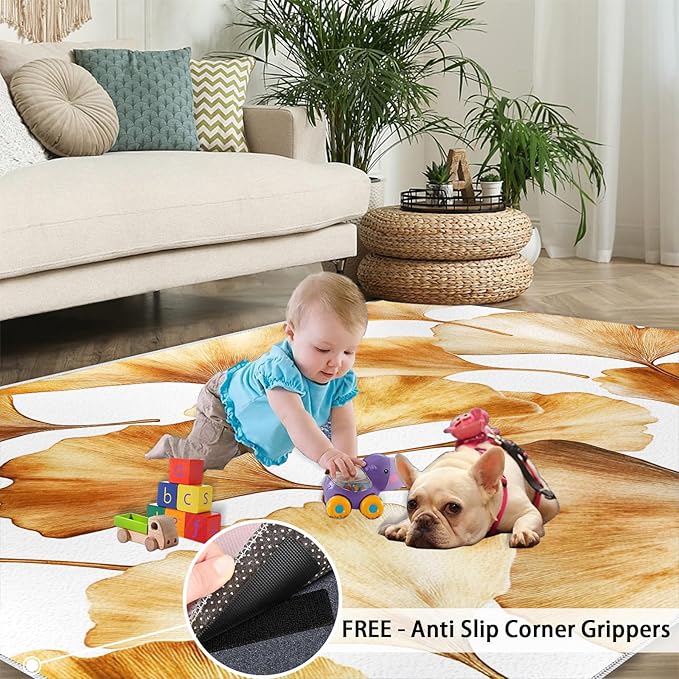 Golden Leaf Rugs for Bedroom - 5x7 Area Rug - 3D Ginkgo Leaf Rugs for Living Room, Modern Simple Art Rug, Non-Slip Washable Home Decor Carpet
